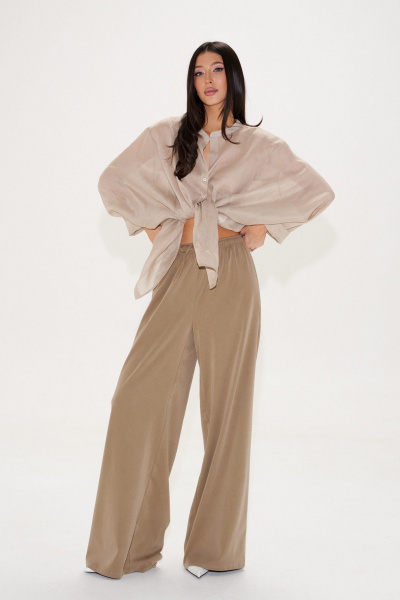 Тканевые брюки свободные с поясом на кулиске, хаки, круглый год ANNETE A1433 - фото 11