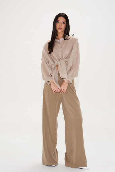 Тканевые брюки свободные с поясом на кулиске, хаки, круглый год ANNETE A1433 - фото 10