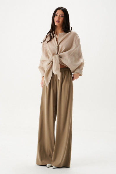 Тканевые брюки свободные с поясом на кулиске, хаки, круглый год ANNETE A1433 - фото 8