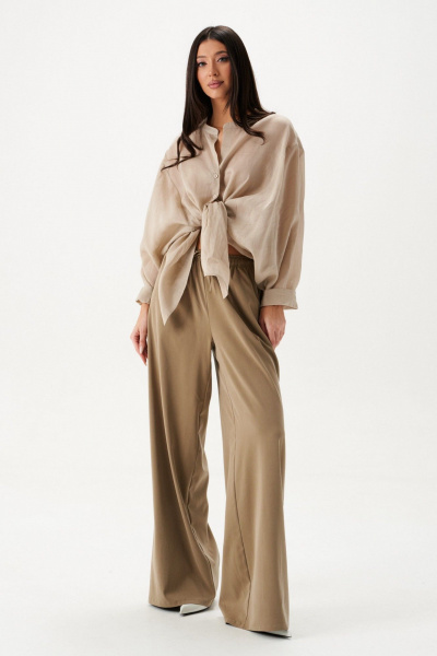 Тканевые брюки свободные с поясом на кулиске, хаки, круглый год ANNETE A1433 - фото 7