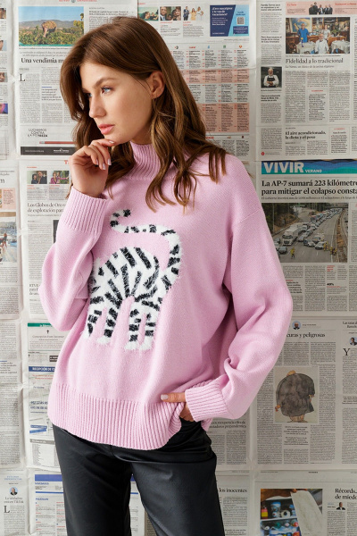 Свитер прямого кроя с котом и круглой горловиной Barbara Geratti С4527BG розовый/молочн - фото 4