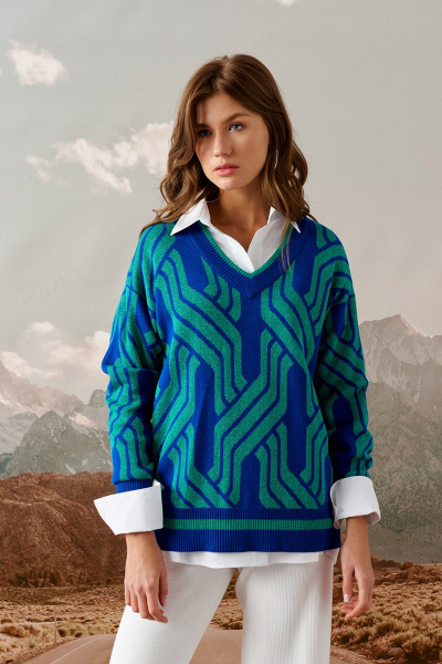Джемпер свободного силуэта из трикотажа с V-образным вырезом Barbara Geratti С4569BG синий/изумруд - фото 1