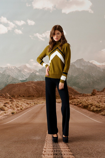 Джемпер свободного силуэта с воротником-стойкой Barbara Geratti С4262BG олива/белый - фото 2