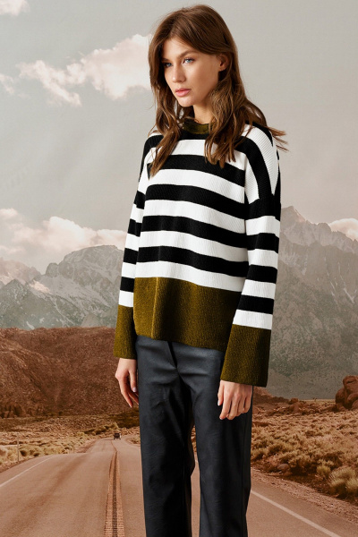 Джемпер свободного силуэта с круглыми воротом и рукавом-спущенной линией Barbara Geratti С4531BG олива/чёрный - фото 1