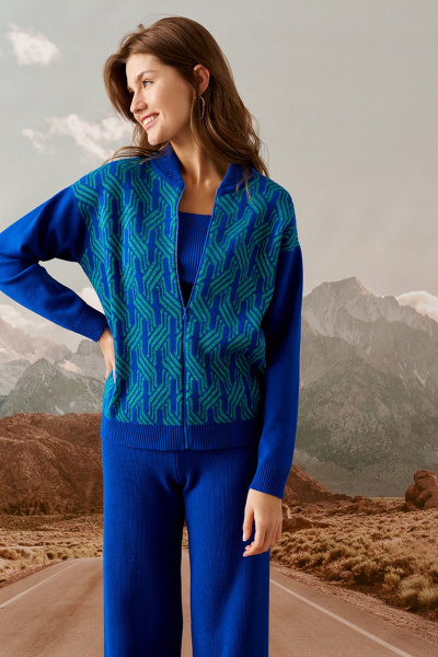 Кардиган прямого силуэта с застёжкой и стойкой из трикотажа Barbara Geratti С4571BG синий/изумруд - фото 2