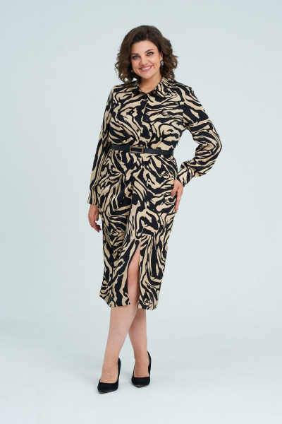 Платье с анималистичным принтом и съемным поясом Rishelie 966 бежевый-черный - фото 1