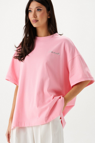 Футболка розового цвета из хлопка с декоративной печатью ANNETE A2085/1 - фото 4