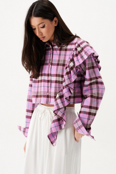 Мультиколорная укороченная рубашка с воланом и клетчатым принтом ANNETE A2090 - фото 4