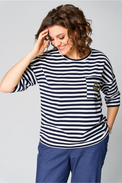 Блуза из вискозы с длинными рукавами и спущенным плечом Andina city 3011-25 синий-белый - фото 7