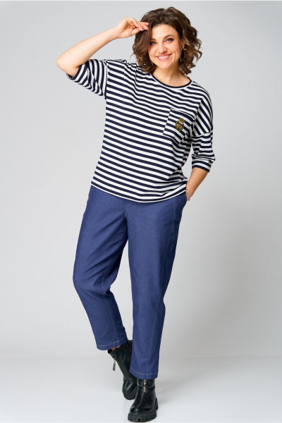 Блуза из вискозы с длинными рукавами и спущенным плечом Andina city 3011-25 синий-белый - фото 6