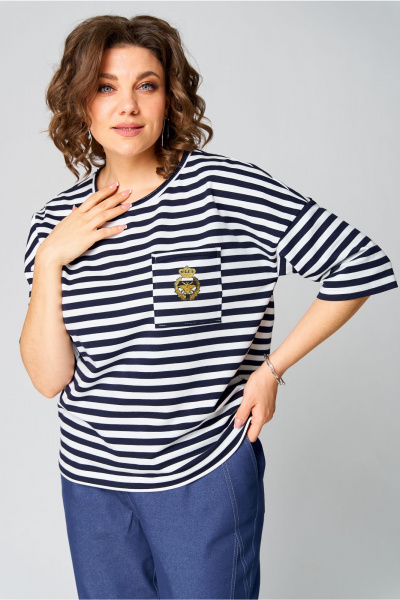 Блуза из вискозы с длинными рукавами и спущенным плечом Andina city 3011-25 синий-белый - фото 5