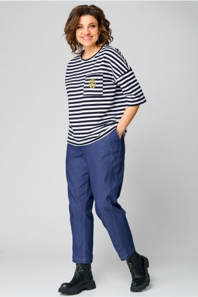 Блуза из вискозы с длинными рукавами и спущенным плечом Andina city 3011-25 синий-белый - фото 4