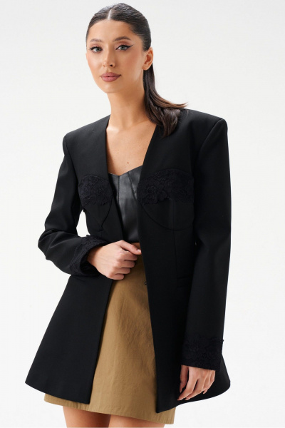 Круглогодичный черный жакет без воротника с кружевами ANNETE A5396 - фото 2