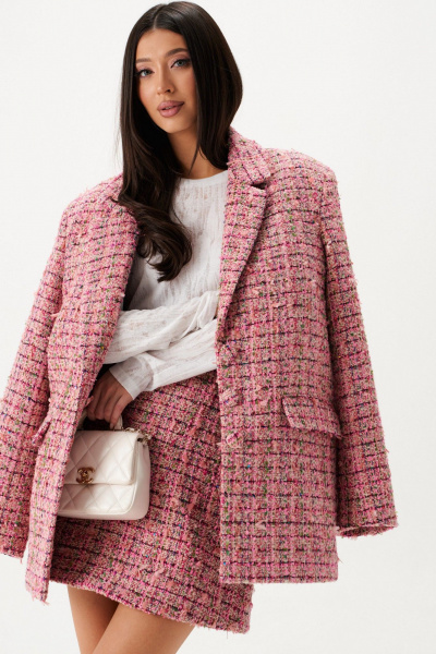 Розовый свободный жакет из твида с карманами ANNETE A5415 - фото 8