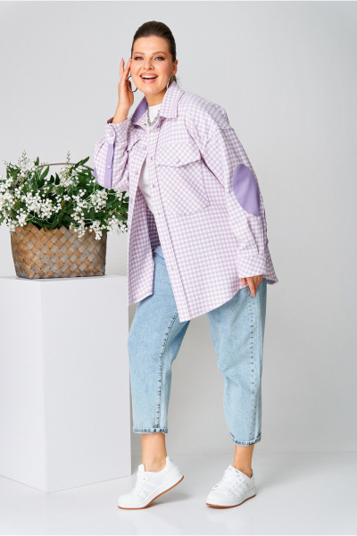 Фиолетовая клетчатая рубашка из текстиля с пуговицами и карманами AVA fashion М-107 лавандовый - фото 4