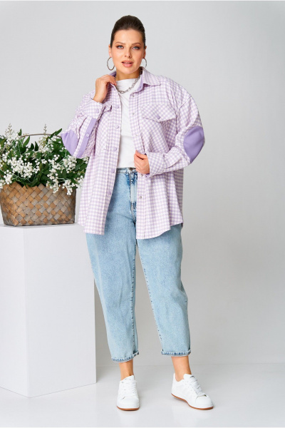 Фиолетовая клетчатая рубашка из текстиля с пуговицами и карманами AVA fashion М-107 лавандовый - фото 3