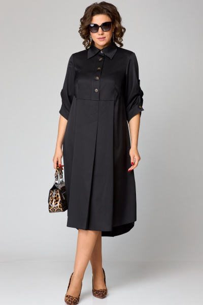 Черное платье с отделкой леопардовым принтом и ассиметричным низом EVA GRANT 7168В принт_леопард - фото 1