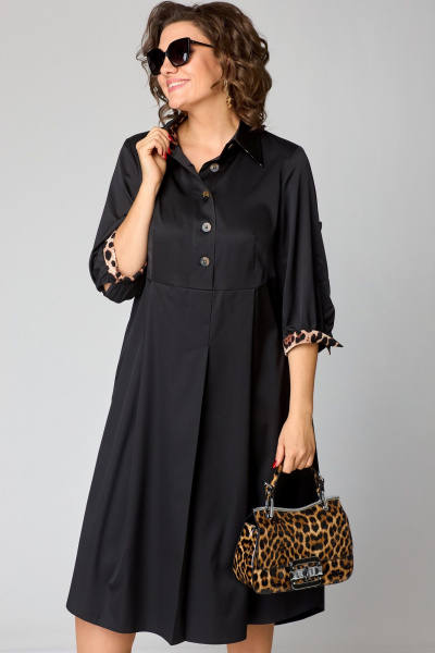 Черное платье с отделкой леопардовым принтом и ассиметричным низом EVA GRANT 7168В принт_леопард - фото 8