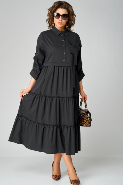 Черное платье с воротником стойка и асимметричной застежкой из текстиля EVA GRANT 7176В черный - фото 8