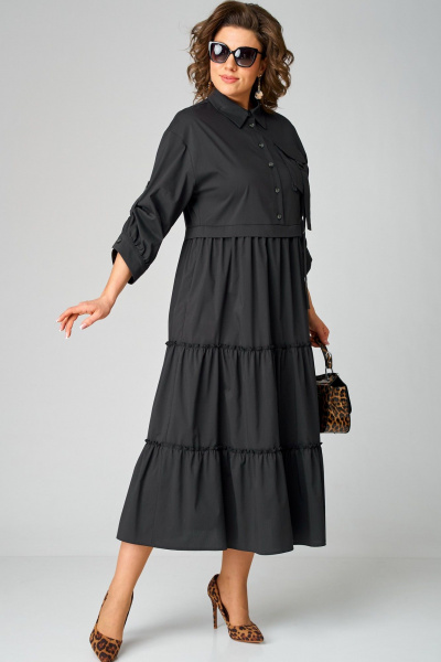 Черное платье с воротником стойка и асимметричной застежкой из текстиля EVA GRANT 7176В черный - фото 7