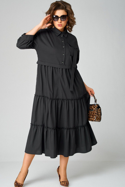 Черное платье с воротником стойка и асимметричной застежкой из текстиля EVA GRANT 7176В черный - фото 5