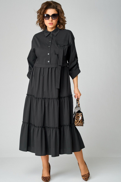 Черное платье с воротником стойка и асимметричной застежкой из текстиля EVA GRANT 7176В черный - фото 1