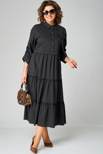 Черное платье с воротником стойка и асимметричной застежкой из текстиля EVA GRANT 7176В черный - фото 2