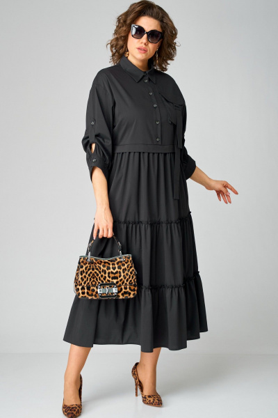 Черное платье с воротником стойка и асимметричной застежкой из текстиля EVA GRANT 7176В черный - фото 4