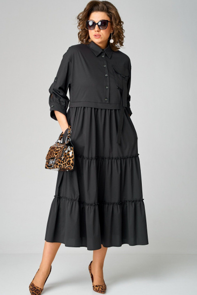 Черное платье с воротником стойка и асимметричной застежкой из текстиля EVA GRANT 7176В черный - фото 3