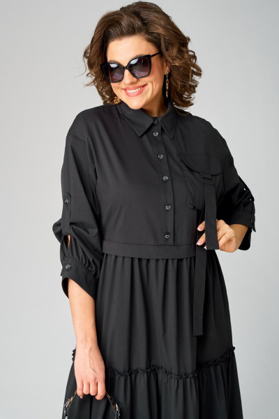 Черное платье с воротником стойка и асимметричной застежкой из текстиля EVA GRANT 7176В черный - фото 9