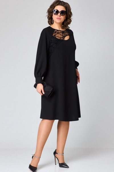 Черное платье с сетчатым рисунком и кружевной отделкой EVA GRANT 7310В черный - фото 5