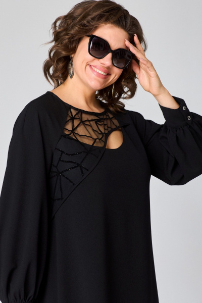 Черное платье с сетчатым рисунком и кружевной отделкой EVA GRANT 7310В черный - фото 9