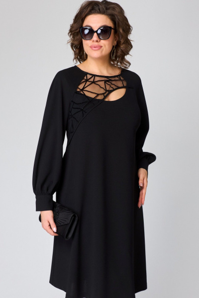 Черное платье с сетчатым рисунком и кружевной отделкой EVA GRANT 7310В черный - фото 8