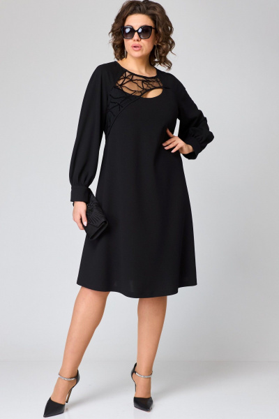 Черное платье с сетчатым рисунком и кружевной отделкой EVA GRANT 7310В черный - фото 4