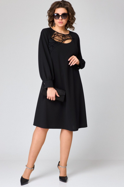 Черное платье с сетчатым рисунком и кружевной отделкой EVA GRANT 7310В черный - фото 1