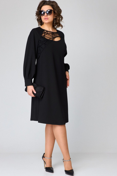 Черное платье с сетчатым рисунком и кружевной отделкой EVA GRANT 7310В черный - фото 3