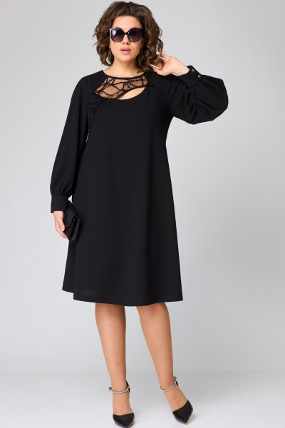 Черное платье с сетчатым рисунком и кружевной отделкой EVA GRANT 7310В черный - фото 2