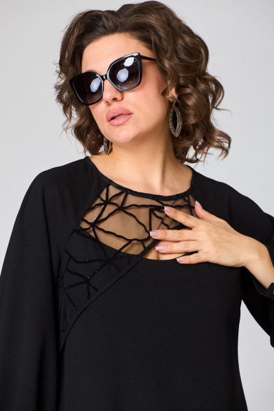 Черное платье с сетчатым рисунком и кружевной отделкой EVA GRANT 7310В черный - фото 12