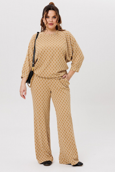 Бежевый костюм из вискозы и трикотажа с прямыми брюками Michel chic 1403 экрю - фото 1