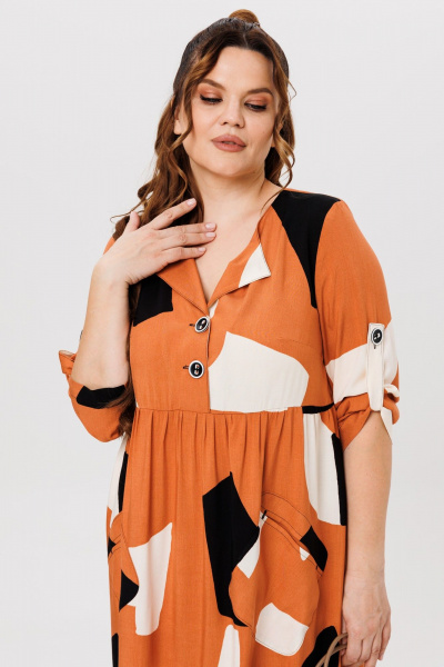 Оранжевое платье из вискозы с раскладными лацканами и карманами Michel chic 2166 геометрия - фото 6