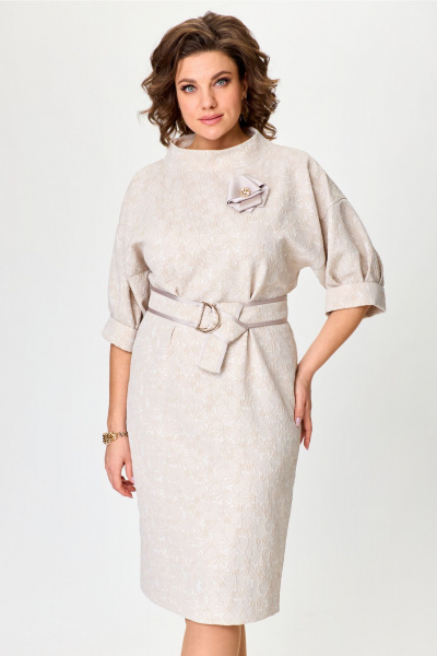 Женское платье из жаккарда со спущенной линией плеч и поясом Bonna Image 976 бежевый - фото 13