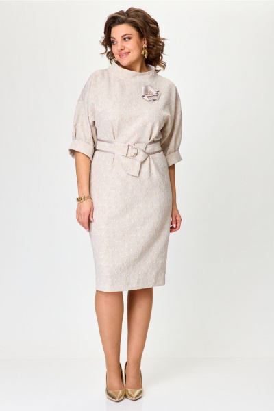 Женское платье из жаккарда со спущенной линией плеч и поясом Bonna Image 976 бежевый - фото 11