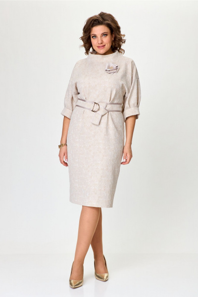 Женское платье из жаккарда со спущенной линией плеч и поясом Bonna Image 976 бежевый - фото 10