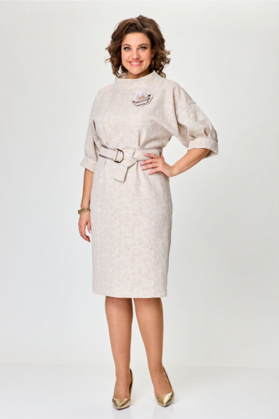 Женское платье из жаккарда со спущенной линией плеч и поясом Bonna Image 976 бежевый - фото 1