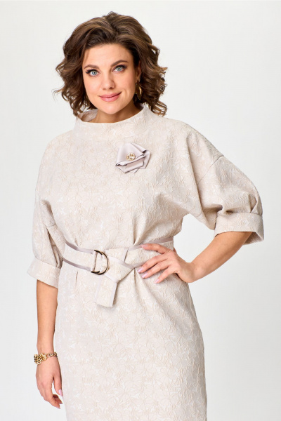 Женское платье из жаккарда со спущенной линией плеч и поясом Bonna Image 976 бежевый - фото 3