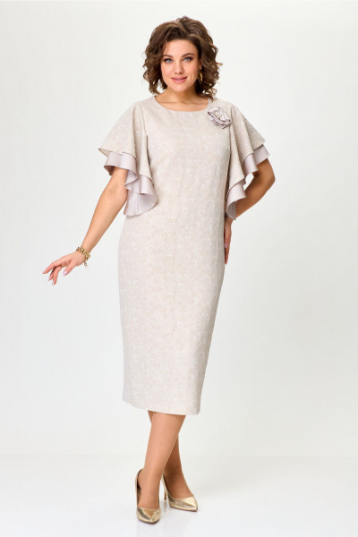 Женское нарядное платье из жаккарда с воланами на рукавах и съемным цветком Bonna Image 963 бежевый - фото 12
