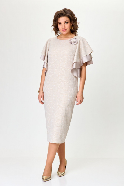 Женское нарядное платье из жаккарда с воланами на рукавах и съемным цветком Bonna Image 963 бежевый - фото 1