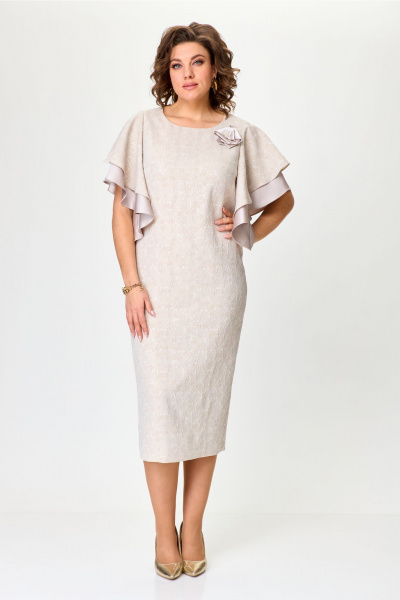 Женское нарядное платье из жаккарда с воланами на рукавах и съемным цветком Bonna Image 963 бежевый - фото 11