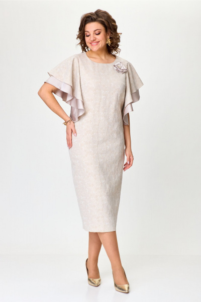 Женское нарядное платье из жаккарда с воланами на рукавах и съемным цветком Bonna Image 963 бежевый - фото 8