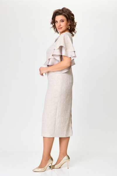 Женское нарядное платье из жаккарда с воланами на рукавах и съемным цветком Bonna Image 963 бежевый - фото 6